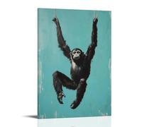 A Gibbon Hangs from A Thread-thin Branch Above A Teal Background, Arms Long Like Calligraphy in Air. Wall Art Mural Modern Decoration Hanging Art Poster 08x12inch(20x30cm)
