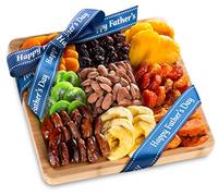A Gift Inside Dried Fruit Assortment with Almonds on Bamboo Cutting Board Serving Tray