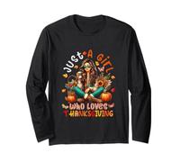 A Girl Loves Thanksgiving Girl Drinking Coffee Fall Flowers Long Sleeve T-Shirt