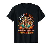 A Girl Loves Thanksgiving Girl Drinking Coffee Fall Flowers T-Shirt