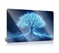 A Glowing Blue Tree With Intricate Roots Against A Starry Night Sky. Distressed Farmhouse Signs | Artwork Vintage Style Housewarming Gift Premises Decoration Easy Hang(30X40CM)