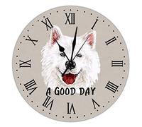 A Good Day Samoyed Wall Clock Hope Your Like Dogs Hanging Wood Wall Clocks Battery Operated Non-Ticking Sweep 15 inch Rustic Farmhouse Wall Clock For Home Kitchen Living Room Bedroom Office