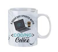 A Good Day Starts with Coding and Coffee, Funny Programmer Design for Software Developer Nerd G ift Idea, 11oz Marble Elegance Ceramic Coffee Mug. (Grey)