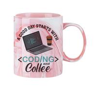 A Good Day Starts with Coding and Coffee, Funny Programmer Design for Software Developer Nerd G ift Idea, 11oz Marble Elegance Ceramic Coffee Mug. (Pink)