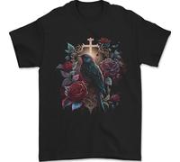 A Gothic Bird and Cross in Roses Gothic Mens T-Shirt 100% Cotton Black XL