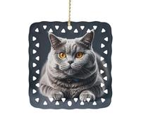A Gray Cat is Lying Ceramic Christmas Ornament Xmas Tree Hanging Pendant Double Sided Pattern Festive Square Ornament Holiday Home Party Decoration Gifts