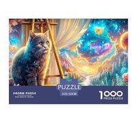 A Gray Cat Sits on An Artist's Palette, Cosmic Background 1000-Piece Jigsaw Puzzle Cute Pet Cat Ideal for Men, Women, Elders & Seniors 52x38cm/1000pcs