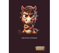 A gray-lined, college-ruled notebook with a margin. The notebook cover features an interesting graphic of a grumpy animal.: HORSE