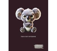 A gray-lined, college-ruled notebook with a margin. The notebook cover features an interesting graphic of a grumpy animal.: KOALA