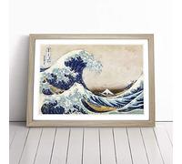 A Great Wave of Kanagawa by Katsushika Hokusai Framed Wall Art Picture Print - Canvas Painting - Modern Home Décor Poster - Ready to Hang for Living Room Bedroom Kitchen - Oak A3 (36 x 48 cm)