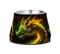 A Green and Yellow Fire Dragon Dog Raised Bowl, 540 ML Feeding Food Pet Bowl Stainless Steel Non-slip High Capacity Cat Bowl