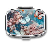 A Group of Butterflies Pill Box 2 Compartment, Portable Pill Case with Mirror for Pocket Purse Travel, Mini Metal Medicine Organizer for Vitamins Fish Oil