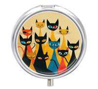 A Group of Cats Pill Box - 3 Compartment Travel Pill Organizer with Small Mirror, Portable Pillcase for Pocket & Purse, Cute Round Medicine Case, Weekly Medicine Container