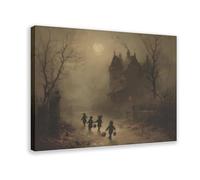 A Group of Children Walk Towards The Haunted Manor Gothic Canvas Poster Bedroom Decor Landscape Office Room Decor Gift 08x12inch(20x30cm)