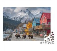 A Group of Grizzly Bears Roam The Streets And Riverbanks of Alaska Jigsaw Puzzles. 1000pcs (75x50cm) Whimsical Challenge Toy for Educational Games Gifts