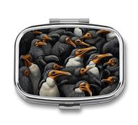 A Group of Penguins Pill Box 2 Compartment, Portable Pill Case with Mirror for Pocket Purse Travel, Mini Metal Medicine Organizer for Vitamins Fish Oil
