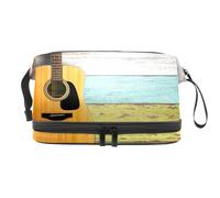 a Guitar on Wooden Board Double Layer Cosmetic Bag for Women and Girls, Travel Toiletry Bag Makeup Handy Pouch Organiser Bag with Brush Compartment