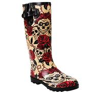 A&H Footwear New Womens Ladies Ajustable Calf Snow Rain Mud Festival Waterproof Wellington Boots Wellies Sizes UK 3-8 (UK 6, Skulls/Roses)