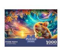 A Hamster Holds A Clover Under A Starry Sky near A Cottage 1000 Piece Jigsaw Puzzle Cute Guinea Pig - Recycled Cardboard, Brainteasing Game 38x26cm/1000pcs
