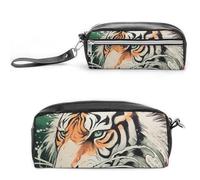 A Hand Drawn Tiger Pencil Case Large Capacity Leather Pencil Pouch with Zipper, Portable Small Makeup Bag, Office Supplies Organizer for Women Men