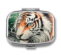 A Hand Drawn Tiger Pill Box 2 Compartment, Portable Pill Case with Mirror for Pocket Purse Travel, Mini Metal Medicine Organizer for Vitamins Fish Oil