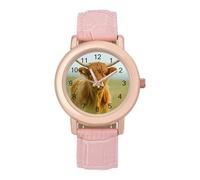 A Highland Cow Wrist Watches for Women Fashion Sports Watch with Pink Leather Strap Gold Casing