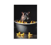 A Hippo in A Sleek Modern Tub Plays with Multiple Rubber Duckies. Wall Art Mural Modern Decoration Hanging Art Poster 24x36inch(60x90cm)