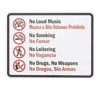 A Homim Aluminum Sign, Legend No Loud Music Smoking Loitering Drugs Weapons, Bilingual Sign with Graphic, 8" X 12" inch, Black/Red on White