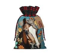 A horse with flowers and butterflies Christmas Gift Bags with Tags & Ribbon Ties, Buffalo Plaid Santa Sack Xmas Treat Pouch Party Favor Bags Drawstring Christmas Sacks for Holiday Presents Storage