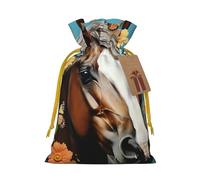A horse with flowers and butterflies Christmas Gift Bags with Tags & Ribbon Ties, Personalized Santa Sack Xmas Treat Pouch Party Favor Bags Drawstring Christmas Sacks for Holiday Presents Storage