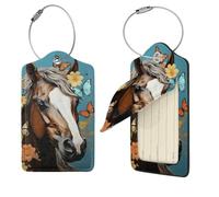 A Horse with Flowers and Butterflies Luggage Tag PU Leather Suitcase Tags Identifiers Travel Tags with Privacy Protection and Stainless Steel Loop Luggage Bag Tag for Women Men, Black, 4 pcs