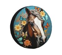 A Horse with Flowers and Butterflies Spare Tire Cover Waterproof Dustproof Car Wheel Protectors Portable Spare Tire Cover Universal Fit