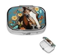 A Horse with Flowers Pill Box with Mirror, 2 Compartment Small Pill Case for Purse Or Pocket Mini Metal Pill Holder Travel Weekly Medicine Tablet Vitamin Holder Organizer Travel Gifts