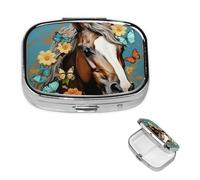 A Horse with Flowers Pill Case Portable Square Pill Box 2 Compartment Pill Organizer Cute Travel Pill Container Vitamin Organizer for Purse Pocket Travel Gift