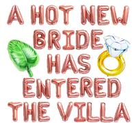 A Hot New Bride Has Entered The Villa Banner Balloons Palm Tree Ring Mylar Balloon for Love Island Themed Bachelorette Party Decorations