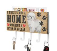 A House is Not A Home Without A Dog Coton De Tulear Key Holder Dog Saying Wall Mount Key Hanger Self Adhesive Key Hanging Rack Rustic Mail Holder Decorative for Home Office Entryway 7x4 Inch