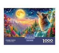 A Howling Wolf Under A Full Moon by A Waterfall 1000Pc Jigsaw Puzzle Enchanted Spirit Wolf - Educational & Challenging, Gift for All 52x38cm/1000pcs