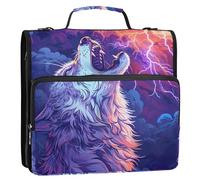 A Howling Wolf with Lightning in The Sky Behind Him 3 Ring Zipper Binder with Handle Shoulder Strap, 500 Sheet Capacity Multi-Pocket Storage Organizer Bag for School Office