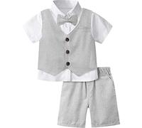 A&J DESIGN 4pcs Baby & Toddler Suit, 12 Months - 6 Years, Shirt & Shorts & Vest & Bow Tie, Light Gray, 5-6 Years