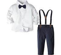 A&J DESIGN Baby Boy Outfits Set, 4pcs Infant Wedding Gengleman Suit Long Sleeves Solid Shirts + Trousers + Suspenders + Bow tie, White Blue, 2-3 Years