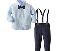 A&J DESIGN Baby Boy Wedding Outfits, 4pcs Infant Birthday Suit Long Sleeve Solid Shirts + Trousers + Suspenders + Bowtie, Blue, 18-24 Months, 90