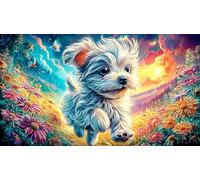 A joyful white puppy running through a colorful flower field Recycled Paper Jigsaw 1000 Pieces - Challenging Family Game Educational for Adults 38x26/1000pcs