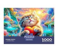 A Kitten Holds A Red Heart, Smiling in A Colorful, Waterfall-surrounded Scene 1000-Piece Jigsaw Puzzle Dreamy Cute Cat - Ideal for Birthday Giving 70x50cm/1000pcs