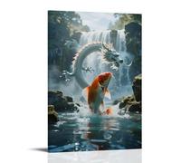 A Koi Fish Surges Against The Current through A Waterfall, Scales Sparking, with A Dragon's Shadow Hidden in The Mist Contemporary Hanging Wall Art - Decorative Mural Design24x36inch(60x90cm)