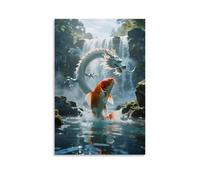 A Koi Fish Surges Against The Current through A Waterfall, Scales Sparking, with A Dragon's Shadow Hidden in The Mist Contemporary Wall Mural - Decorative Hanging Poster Art 16x24inch(40x60cm)