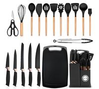 A&K's Silicone Utensils set, non-stick cooking set, silicone spatula, Heat resistant, 6 pieces knife set, cutting board (19 Pcs Black)