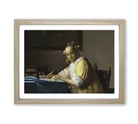 A Lady Writing A Letter By Johannes Vermeer Classic Painting Framed Wall Art Print, Ready to Hang Picture for Living Room Bedroom Home Office Décor, Oak A4 (34 x 25 cm)