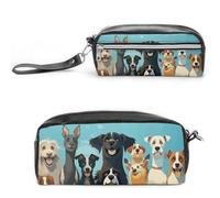 A Large Group of Dogs on A Blue Background Pencil Case - Large Capacity Pencil Pouch with Double Compartments PU Leather Zippered Organizer Bag for Office & Travel | Water-Resistant Cosmetic Makeup Ba