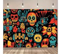 A large Mexican wall decoration - a bright Day of the Dead sugar skull design paired with a marigold patterned background fabric 200x140CM