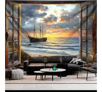 A large seaside window sail tapestry, vinyl Talpel wall hanging, landscape theme 250x180CM